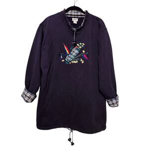 Vtg 90s Y2K Golf Sweatshirt Womens LG Blue Plaid Cuffs‎ Appliqué Preppy Sports